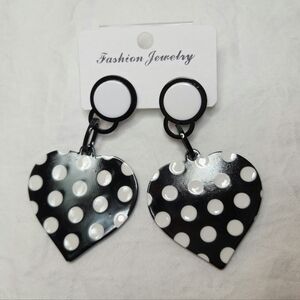 Black white polkadot heart earrings